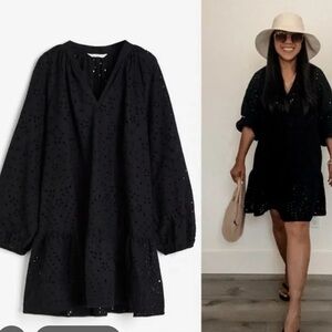 H&M Black Eyelet Long Sleeve Mini Dress